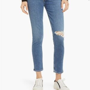 Agolde Blue Straight Leg Jeans with Distressed Knee
